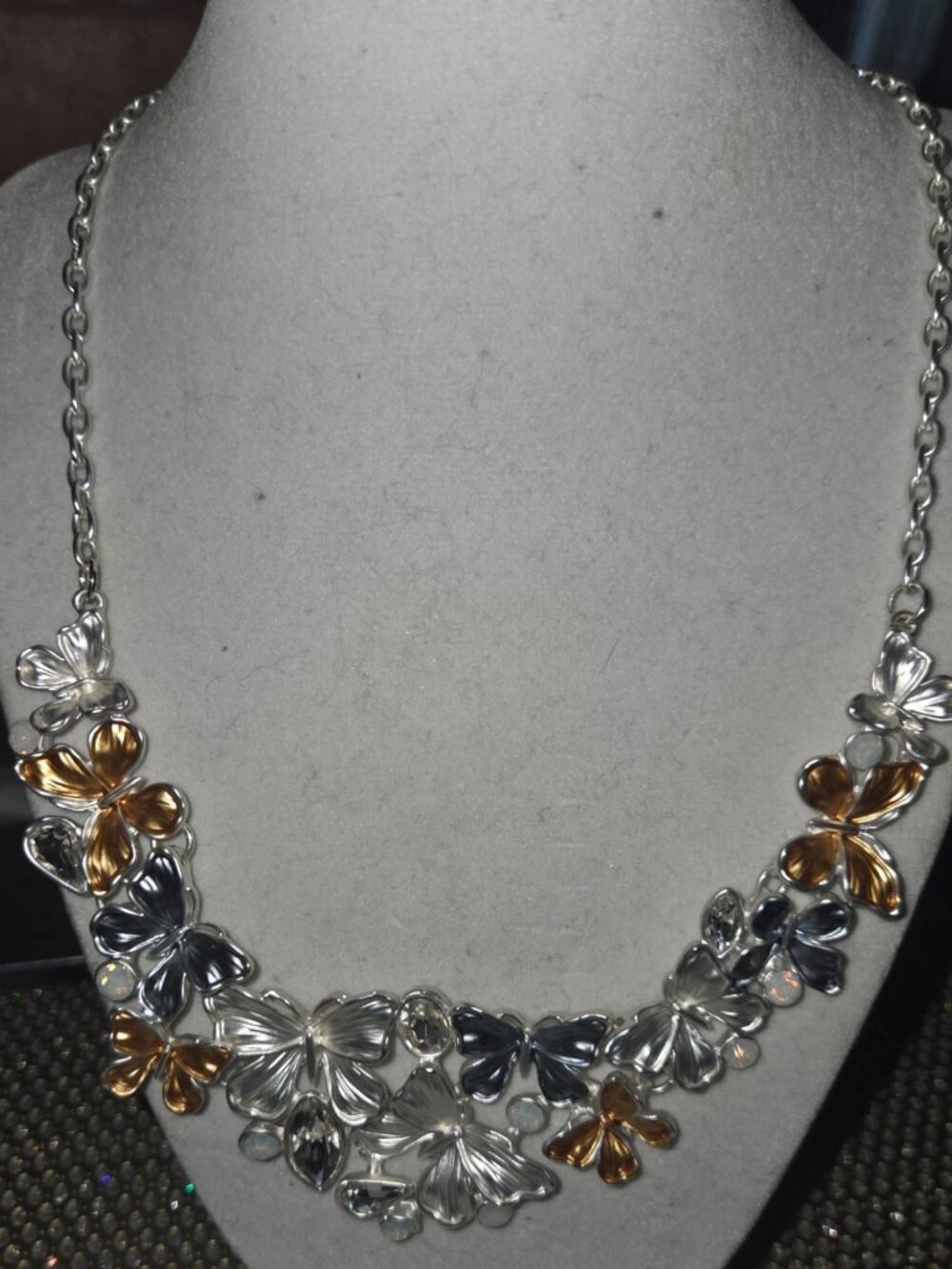 Butterfly and Jewels silver, gold and pewter tones with matching silver earings
